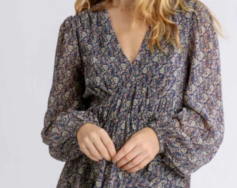 Umgee Women's The Mindy Maxi Dress Navy Floral V Neck Side Slits Size Small